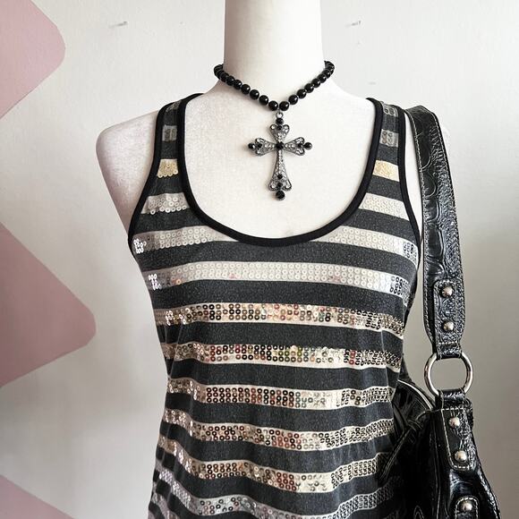 Striped‎ Sequin Tank Top 2000s Clubwear Indie Sleaze Grunge Festival Small - Picture 2 of 8